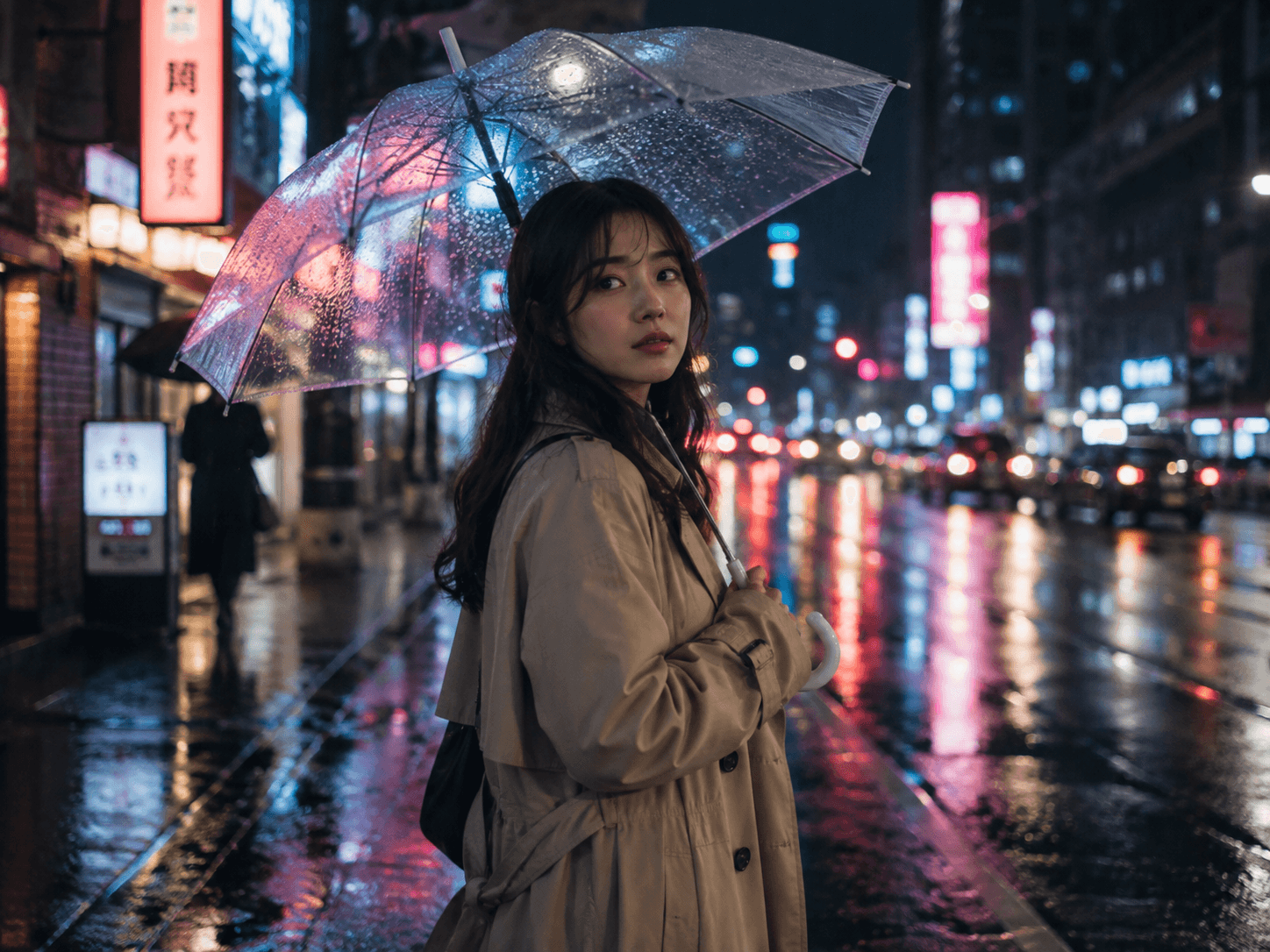 平视机位下，撑透明雨伞的女性站在雨夜霓虹街头