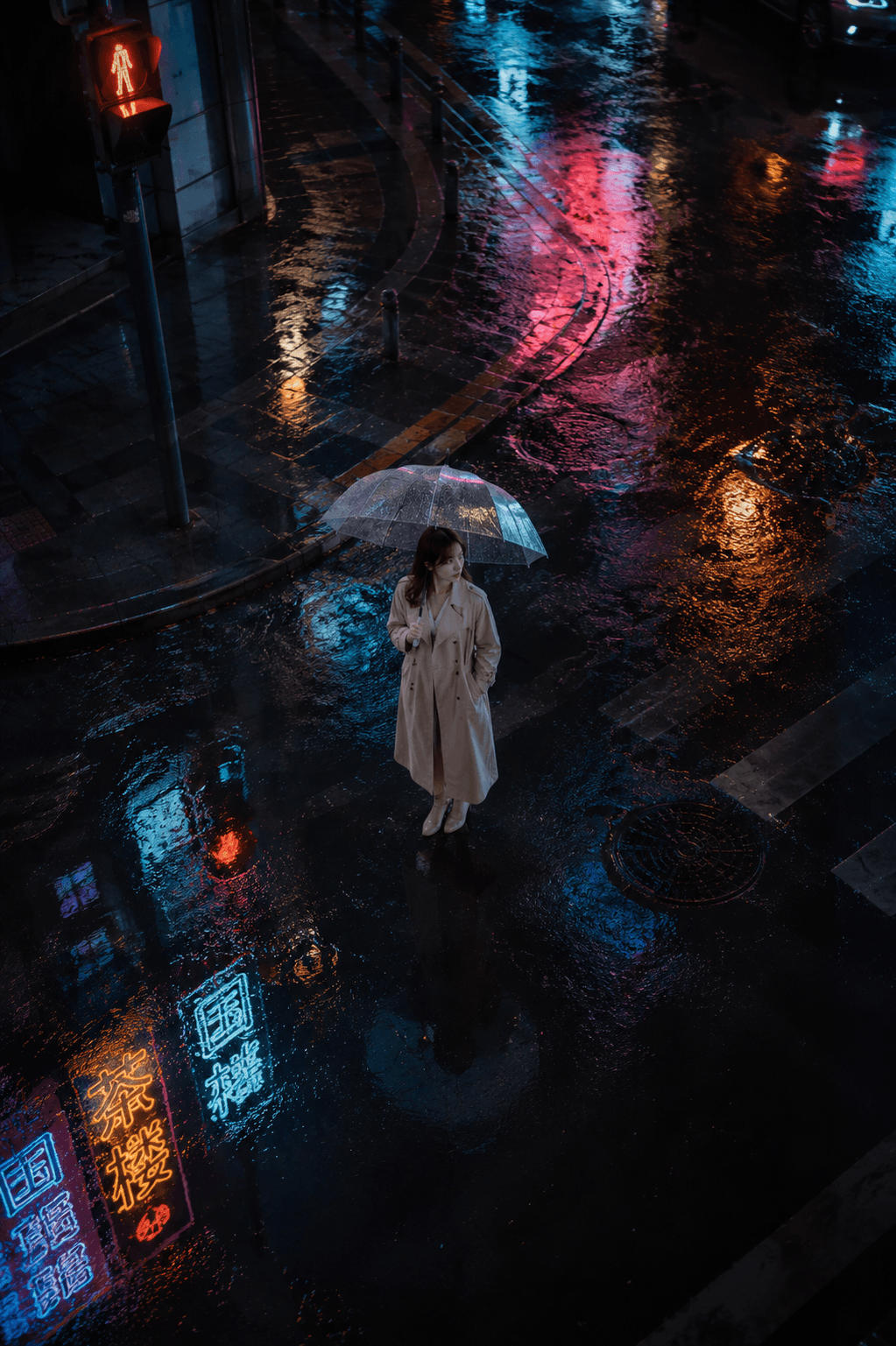 高机位俯视下，撑透明雨伞的女性被雨夜霓虹街道包围