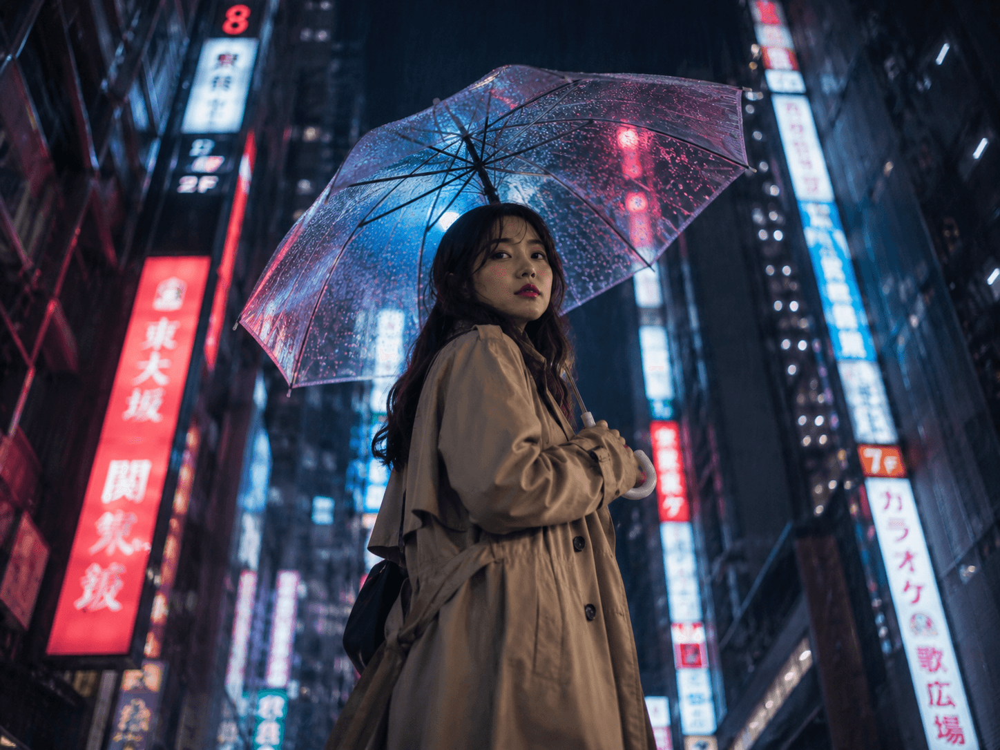 低机位仰视下，撑透明雨伞的女性与高耸霓虹建筑形成张力