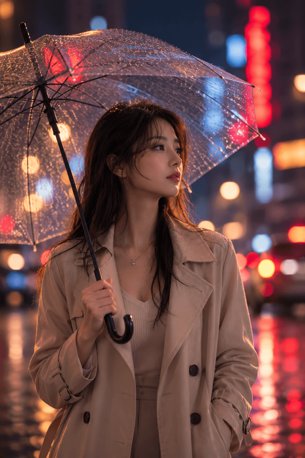 近景突出撑伞女性的上半身表情并弱化雨夜背景