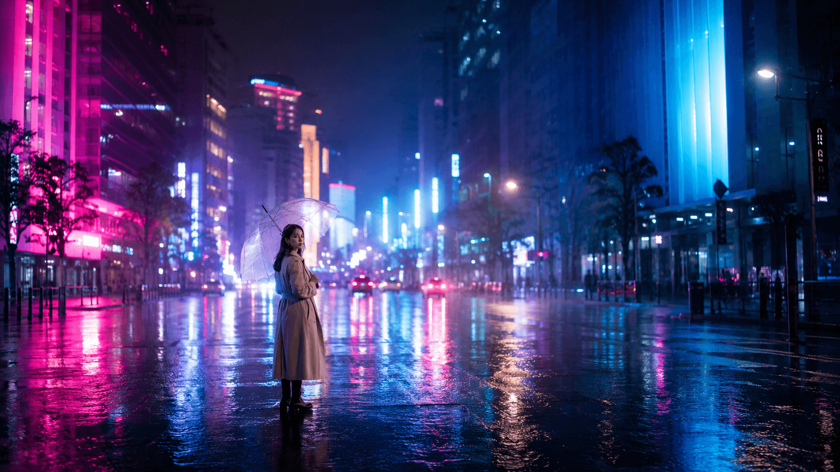 远景中撑伞女性在大面积雨夜霓虹街道中显得很小