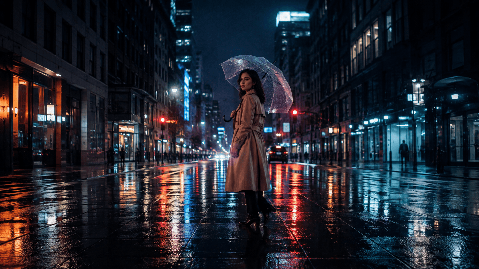 全景完整呈现撑伞女性全身及其周围的雨夜街道